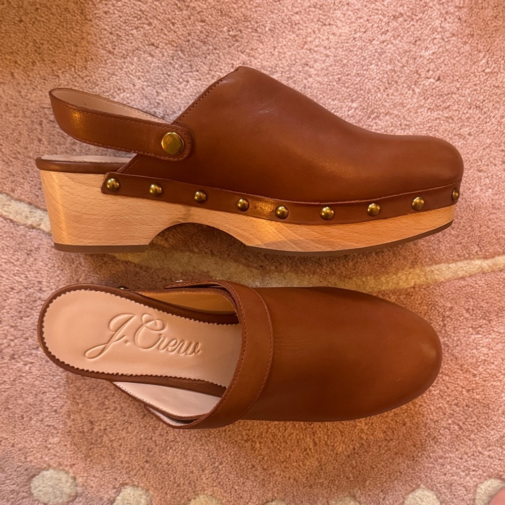 J. Crew Chestnut Leather Mules with Wooden Heel